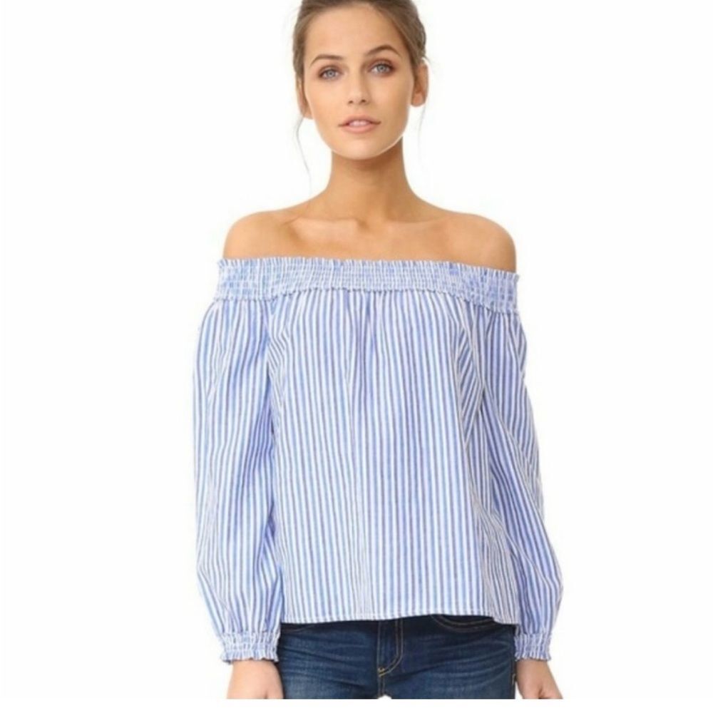 Rag & Bone Blue and White Smocked 3/4 Sleeve Blouse
